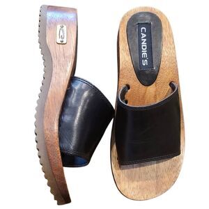 Vintage Y2K Candie's Sandals Women's 5.5 Black Wood Platform Leather Slide
